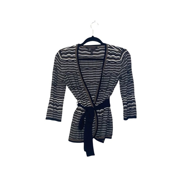 BCBGMaxAzria Black & White Striped Wrap Belted Cardigan Small Women’s - Picture 1 of 10